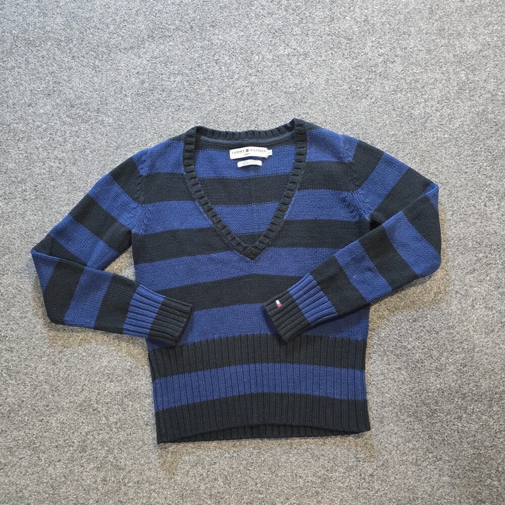Tommy Hilfiger Sweater Womens Size Small Blue Rugby Striped V Neck Y2K Vintage